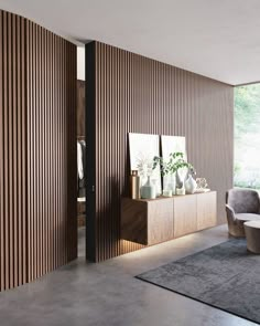 a living room filled with furniture and wooden slats on the wall next to a large window