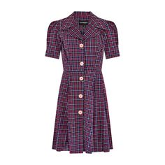 This 1970s dress is by celebrated British designer Jeff Banks, as part of his successful 1960s and 1970s boutique brand Clobber. It is tailored from a good quality cotton printed with gingham in red and white against navy. Cut to a short-sleeve, open-collar style, it fastens with chunky plastic buttons in peach down the front. It has a nipped-in waist and flared skirt.  This dress is in excellent vintage condition with no flaws of any note. There are side threaded belt loops but the belt is no l Retro Plaid Dresses For Vintage Fashion, Retro Fitted Knee-length Plaid Dress, Fitted Retro Knee-length Plaid Dress, Fitted Knee-length Retro Plaid Dress, Retro Plaid Cotton Dress, Retro Cotton Plaid Dress, Retro Plaid Mini Dress, Retro Gingham Plaid Cotton Dress, Retro Plaid Dress For Work