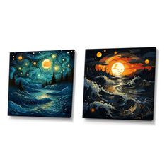 two paintings depicting the night sky with stars and moon in it, one is painted on canvas