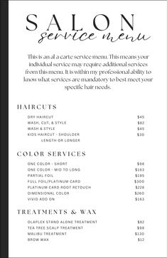 the salon service menu is shown in black and white