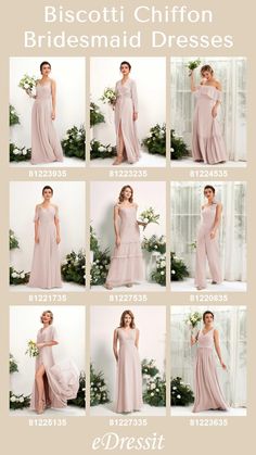 the bridesmaid dresses are all in different styles and colors, including one that is pink