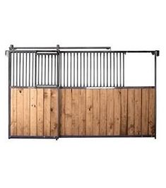 a wooden gate with metal bars on the top and bottom part, against a white background