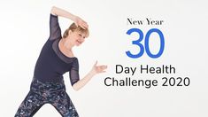 a woman doing yoga poses with the words new year 30 day health challenge