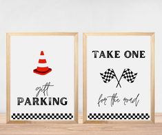 two framed art prints with the words take one off parking and checkered hats