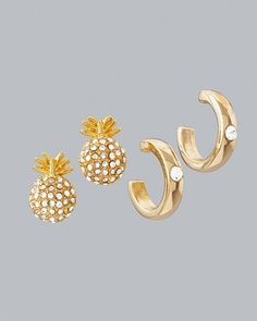 This two-pair goldtone earring set has your accessory needs covered with sparkling pavé pineapple studs and goldtone hoops with a single rhinestone accent. They're perfect anytime—career + casual—subtle, polished accents that complement any look. Stud and hoop earrings 2-pair set Goldtone finish Post Stud: .5"; hoop: .6" Zinc/glass/steel/cubic zirconia Imported Custom designed exclusively for WHBM. Handcrafted with nickel-free and lead-free metal. New Jeans Trend, Hoop Earring Set, Petite Business Casual, Mark Price, Business Casual Dresses, Hoop Earring Sets, Dress Jewelry