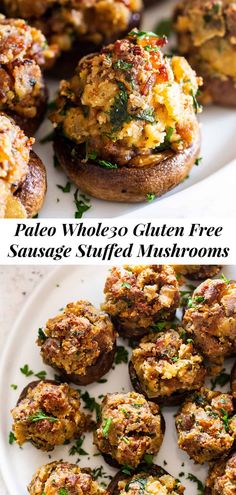 stuffed mushrooms on a white plate with the words paleo whole gluten free sausage stuffed mushrooms