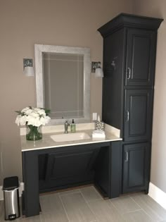 a bathroom with a sink, mirror and cabinet in it's centerpieces