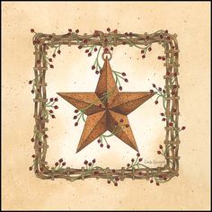 Barn Star With Square Wreath By Linda Spivey Art Print - 10 X 10-Penny Lane Publishing-The Village Merchant Primitive Labels, Cowboy Wall Art, Primitive Country Christmas, Square Wreath, Primitive Wreath, Primitive Painting, Arte Folk, Tole Painting Patterns, Barn Quilt Designs