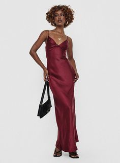 Satin maxi dress Elasticated shoulder straps, v-neckline, twist detail at bust, invisible zip fastening at side Non-stretch material, fully lined Princess Polly Lower Impact Main: 100% reclaimed polyester, Lining: 100% polyester Cold hand wash Fall Wedding Guest Dress Maroon, Red Princess Polly Dress, Deep Red Long Dress, Wine Red Maxi Dress, Red Maxi Dress Formal, Holiday Party Maxi Dress, Jewel Tone Dresses Formal, Silk Prom Dress Satin, Red Wine Dresses