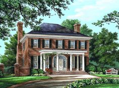 this is an artist's rendering of a large brick house with columns and windows