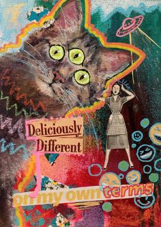 a painting of a cat with green eyes on it's face and the words deliciously different