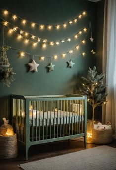 a baby's room decorated with stars and lights