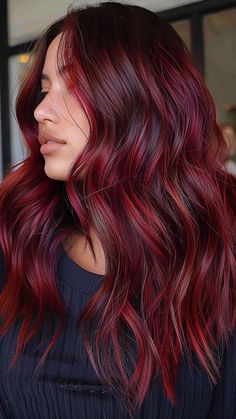 25 Ideas for a Sophisticated Burgundy Hair Transformation Dimensional Burgundy Red Hair, Dark Roots With Red Hair, Dark Red Hair With Bright Red Highlights, Dark Roots Red Hair Balayage, Bright Red Balayage Hair, Cherry Red Balayage Hair, Hear Color, Dark Maroon Hair, Medium Black Hair