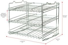 an image of a wire shelf with measurements for the top and bottom shelves on each side