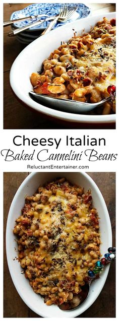 two pictures of different types of baked casserole with cheese and meat in them