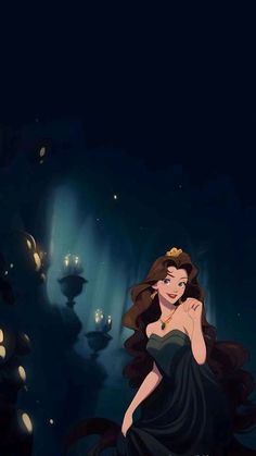 the princess from disney's beauty and the beast is sitting in front of a dark background