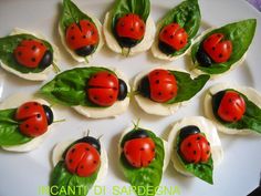 the ladybugs are on top of tortilla shells with spinach leaves