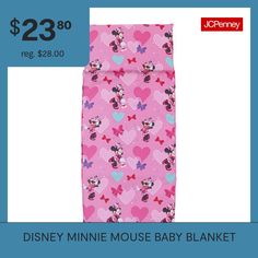 a pink minnie mouse baby blanket with hearts and mickey mouse on it's back