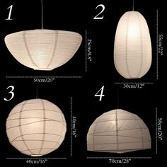 four different types of paper lanterns hanging from the ceiling, with measurements for each lantern