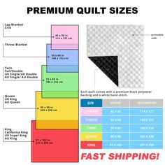 a diagram showing the different sizes and colors of quilting material for mattresses, sheets, and more