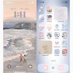 two people walking on the beach next to an iphone screen with images and text added