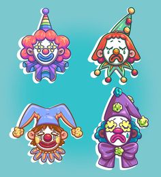 four clown stickers on a blue background