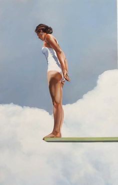 a painting of a woman standing on a surfboard in the air with clouds behind her