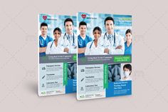 two medical flyer templates with doctors on the front and back side, both in blue