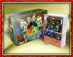 an image of two card game boxes on display