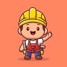 a cartoon character wearing a hard hat and holding a wrench in one hand while standing on an orange background