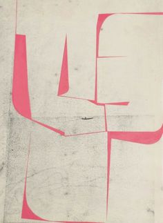 an abstract painting with pink and white lines on the bottom half of it, against a light gray background