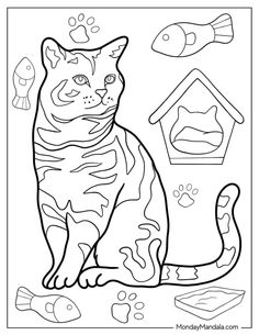 a cat sitting in front of a birdhouse and other things to color on it