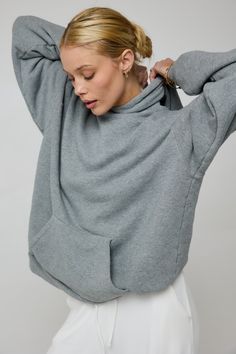 Oversized fit Hooded sweatshirt with front pockets Fabric: 100% French terry cotton Machine wash cold, low heat Model Measurements: Height 5'8, Bust 32B, Waist: 25/26", Hips 34" Model is wearing a size XS/S Made in Los Angeles Gray Cozy Fit Sweats, Comfy Gray Hoodie For Loungewear, Relaxed Fit Hooded Cozy Sweats, Cozy Hooded Sweats With Relaxed Fit, Comfy Relaxed Fit Sweats With Drawstring Hood, Cozy Relaxed Fit Hooded Sweats, Relaxed Fit Athleisure Sweatshirt With Pockets, Gray Cozy Hoodie With Drawstring, Cozy Gray Hoodie With Drawstring