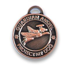 a dog tag with an image of two birds on it and the words, guardian angel protect