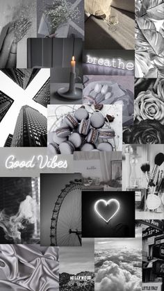 black and white collage with various images including a heart, ferris wheel, roses, candles