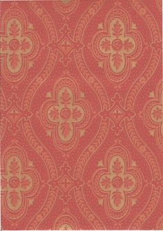 a red and gold wallpaper with an ornate design on it's side,