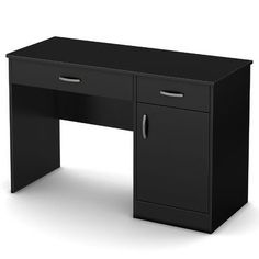 a black desk with two drawers on the top and one drawer open at the bottom