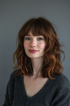 Short Hair With Bangs Redhead, Medium Length Blended Layers, Amber Bob Hair, Messy Long Bob With Bangs, Medium Hair Bangs Hairstyle, Shaggy Haircuts Shoulder Length, Medium Length Haircut With Short Bangs, Ladies Medium Length Hairstyles, Autumn 2024 Hair