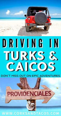 A red jeep parked in the white sand overlooking a turquoise ocean. Road sign to Providenciales, Turks and Caicos. British Overseas Territories, Full Time Travel, Car Rental Company, Car Rental Service, Rent A Car, Safety Tips, Beautiful Islands