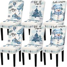 six snowman chairs with christmas decorations on them and the words get it snow written in blue