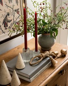 a table topped with candles and vases on top of a wooden table next to plants