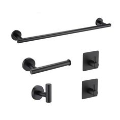 black bathroom accessories set with towel bar, toilet paper holder and soap dispenser