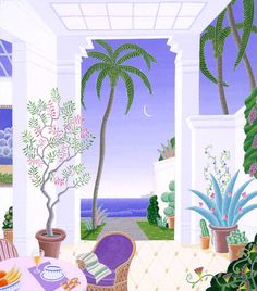 a painting of an outside patio with palm trees and potted plants on the table