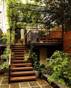 an outdoor area with stairs and plants