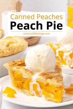 a piece of peach pie with ice cream on top