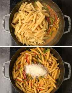 two pictures showing the same pasta in different pans