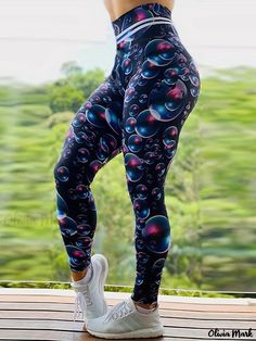 Olivia Mark - Womens Plus Size Bubble Print High Rise Athletic Leggings - High Stretch Skinny fit for Fitness Running Winter, Bubble Print, Sports Leggings Black, Ankle Length Leggings, Beanie Hats For Women, High Waist Yoga Pants, Sports Activewear, Workout Running, Summer Sports