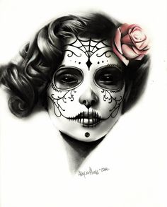 a drawing of a woman's face painted in black and white with a rose