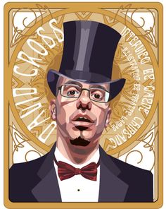 a man in a top hat and glasses wearing a bow tie with an emblem behind him