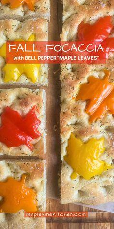 Focaccia with bell peppers shaped like maple leaves on top. Maple Leaf Cookies, Ricotta Dip, Autumn Side Dishes, Fall Dinner Party